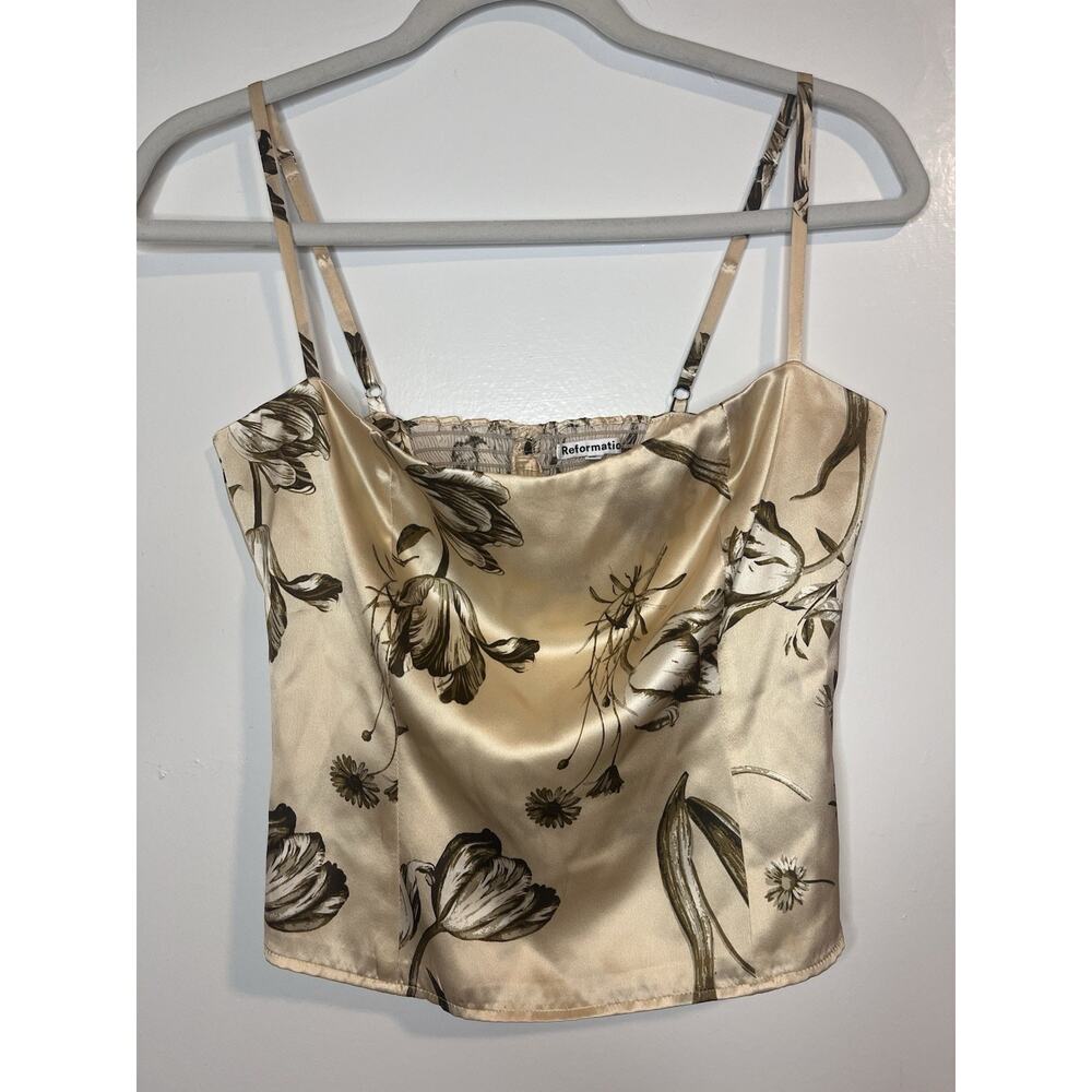 Reformation Silk Top Crop Size 8 Neutral Floral Print Satin